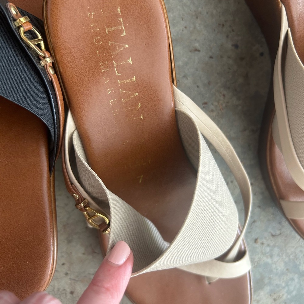 Italian shoemakers  Beige and Brown Wedge Sandals - Neutral Leather Strap - Picture 2 of 2